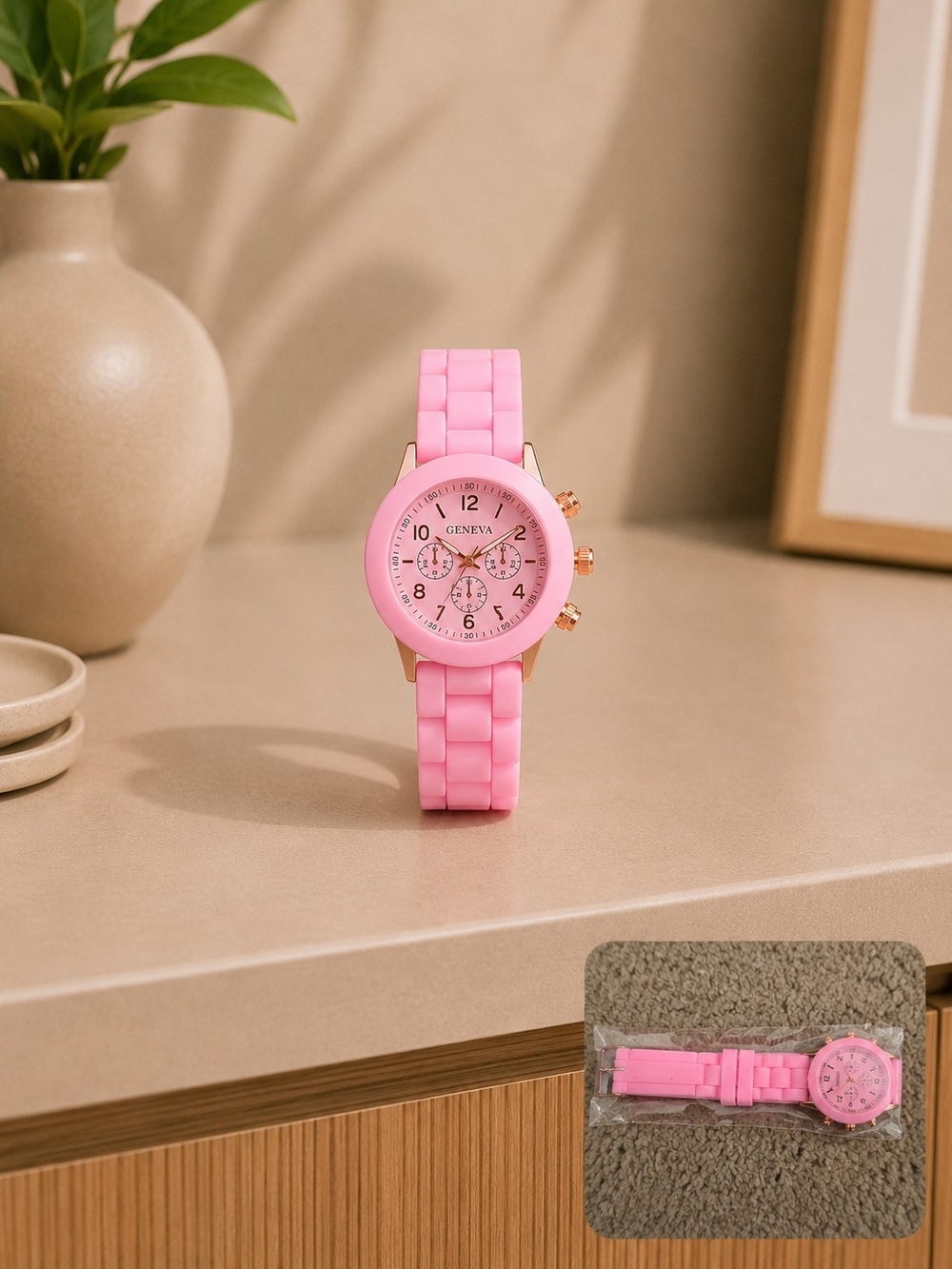 Geneva Pink Silicone Watch with Rose Gold Accents